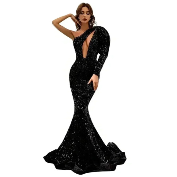 Brand New Miss Ord one shoulder cut out black and Gold sequin Dress Size M - Picture 3 of 16